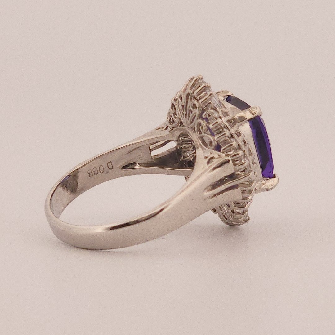 Modified Brilliant Cut, Cushion Shape, Bluish Violet Tanzanite (3.33CT, 9.71 x 8.32 x 4.87 mm) Mounted at Platinum 900 with Natural Diamonds (0.88CTW, E/F VS1). GIA Certified Stone (5231466563), Size 6.5
