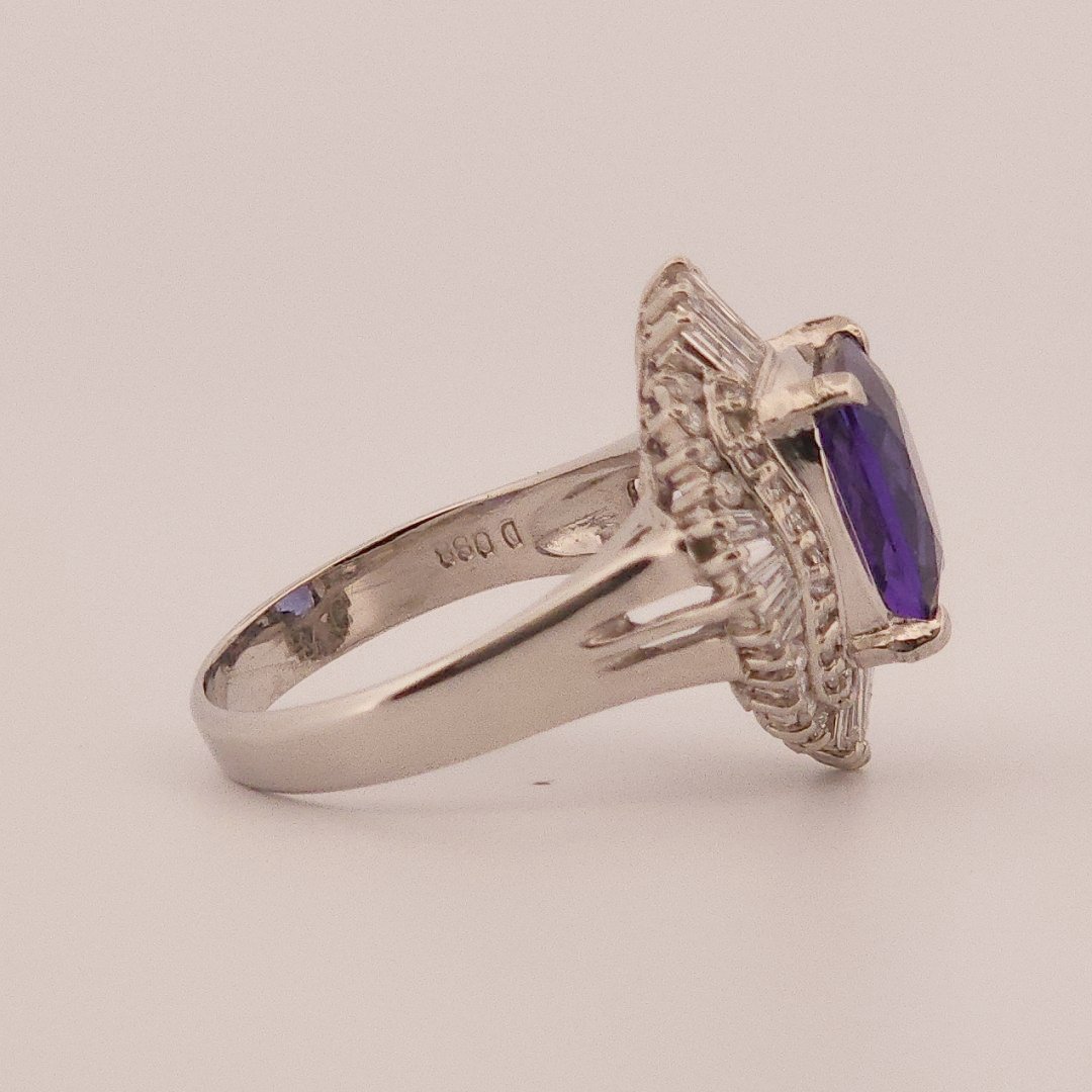 Modified Brilliant Cut, Cushion Shape, Bluish Violet Tanzanite (3.33CT, 9.71 x 8.32 x 4.87 mm) Mounted at Platinum 900 with Natural Diamonds (0.88CTW, E/F VS1). GIA Certified Stone (5231466563), Size 6.5