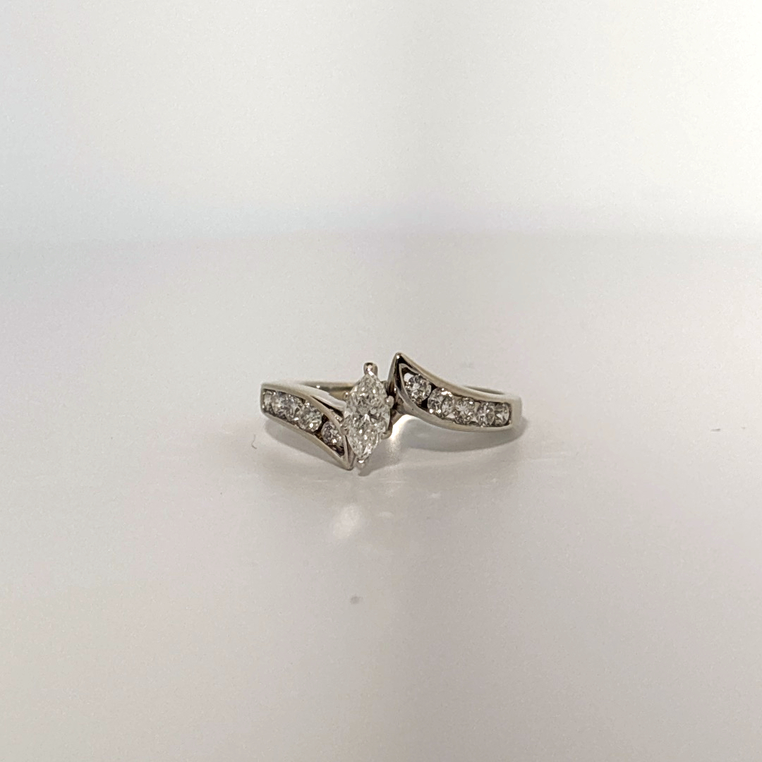 Natural Diamonds (0.89 CTW) Center Marquise (0.39 CT), Size 8, 14K White Gold