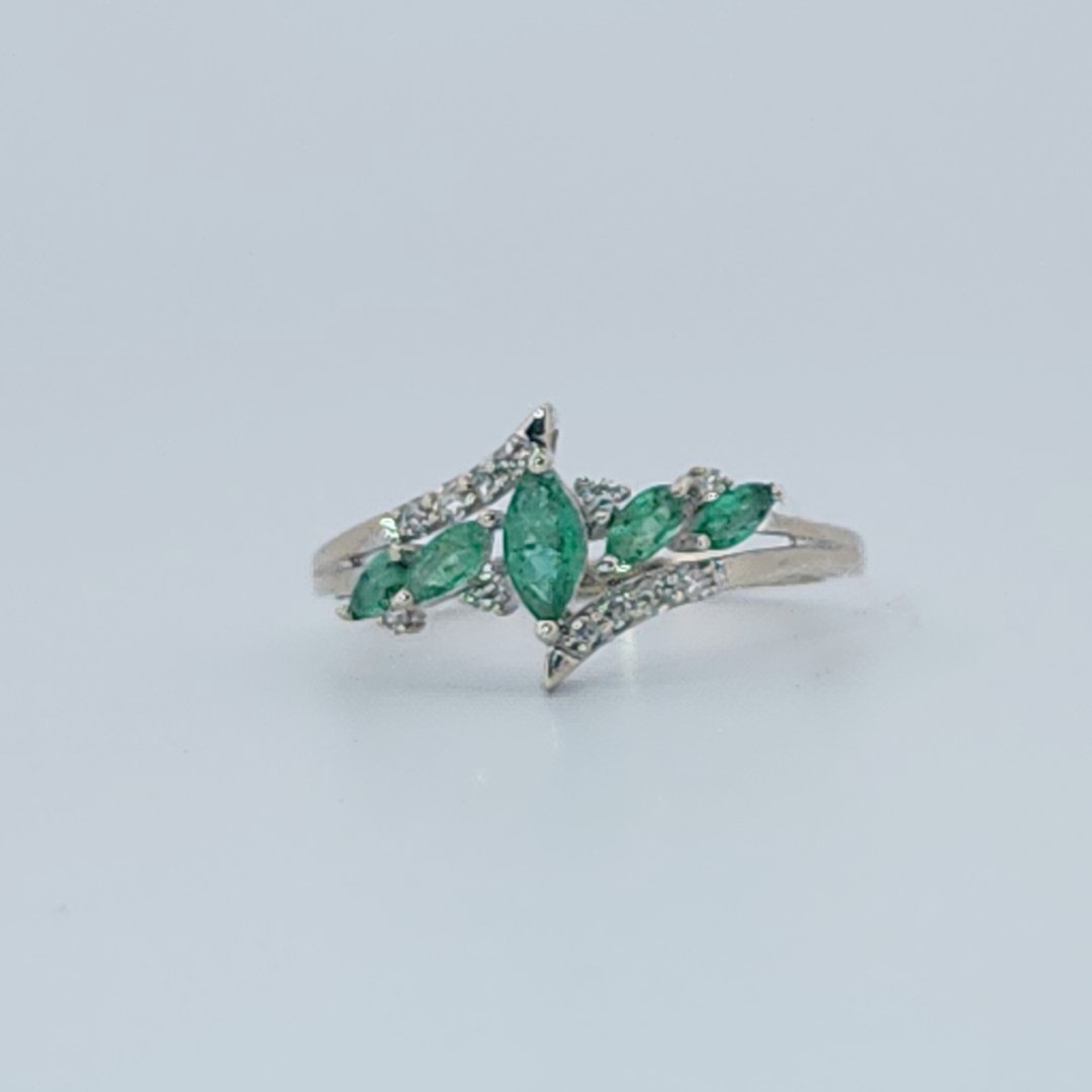 Natural Diamonds (0.12 CTW) with Natural Emeralds Designer Ring, Size 7, 14K White Gold