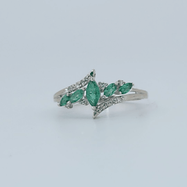Natural Diamonds (0.12 CTW) with Natural Emeralds Designer Ring, Size 7, 14K White Gold