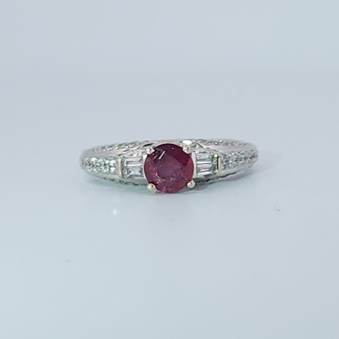 Brilliant Diamond Cut, Round Shape, Madagascar Ruby(0.55CT, 5.5mm), Mounted at 14K White Gold Ring with Natural Diamonds (0.50 CTW). Size 6.75