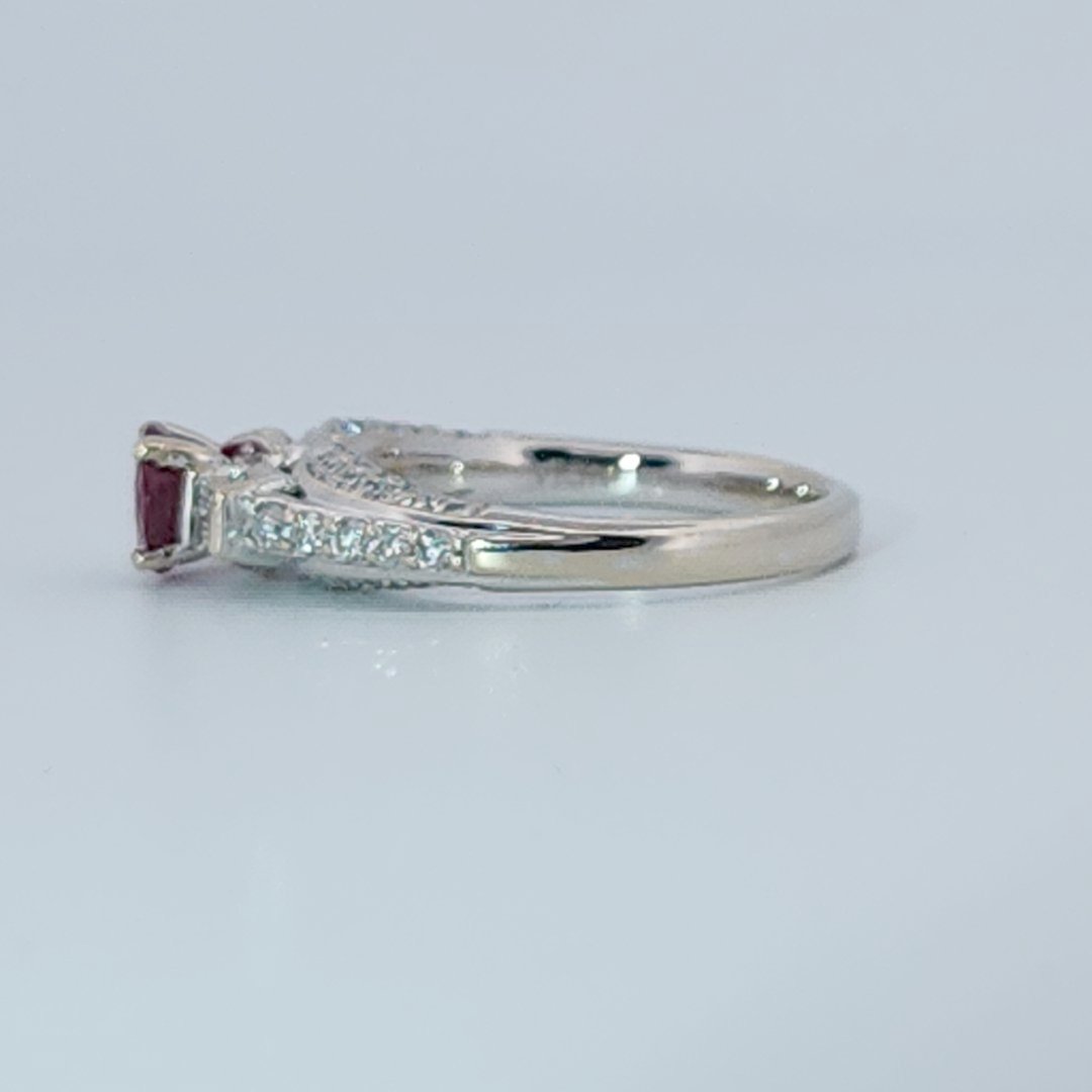 Brilliant Diamond Cut, Round Shape, Madagascar Ruby(0.55CT, 5.5mm), Mounted at 14K White Gold Ring with Natural Diamonds (0.50 CTW). Size 6.75