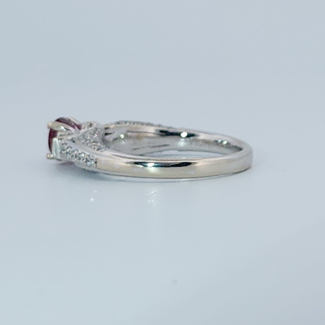 Brilliant Diamond Cut, Round Shape, Madagascar Ruby(0.55CT, 5.5mm), Mounted at 14K White Gold Ring with Natural Diamonds (0.50 CTW). Size 6.75