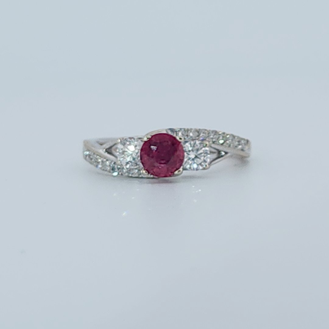 Brilliant Diamond Cut, Round Shape, Madagascar Ruby(0.35CT, 5mm), Mounted at 14K White Gold Ring with Natural Diamonds (0.60 CTW). Size 7