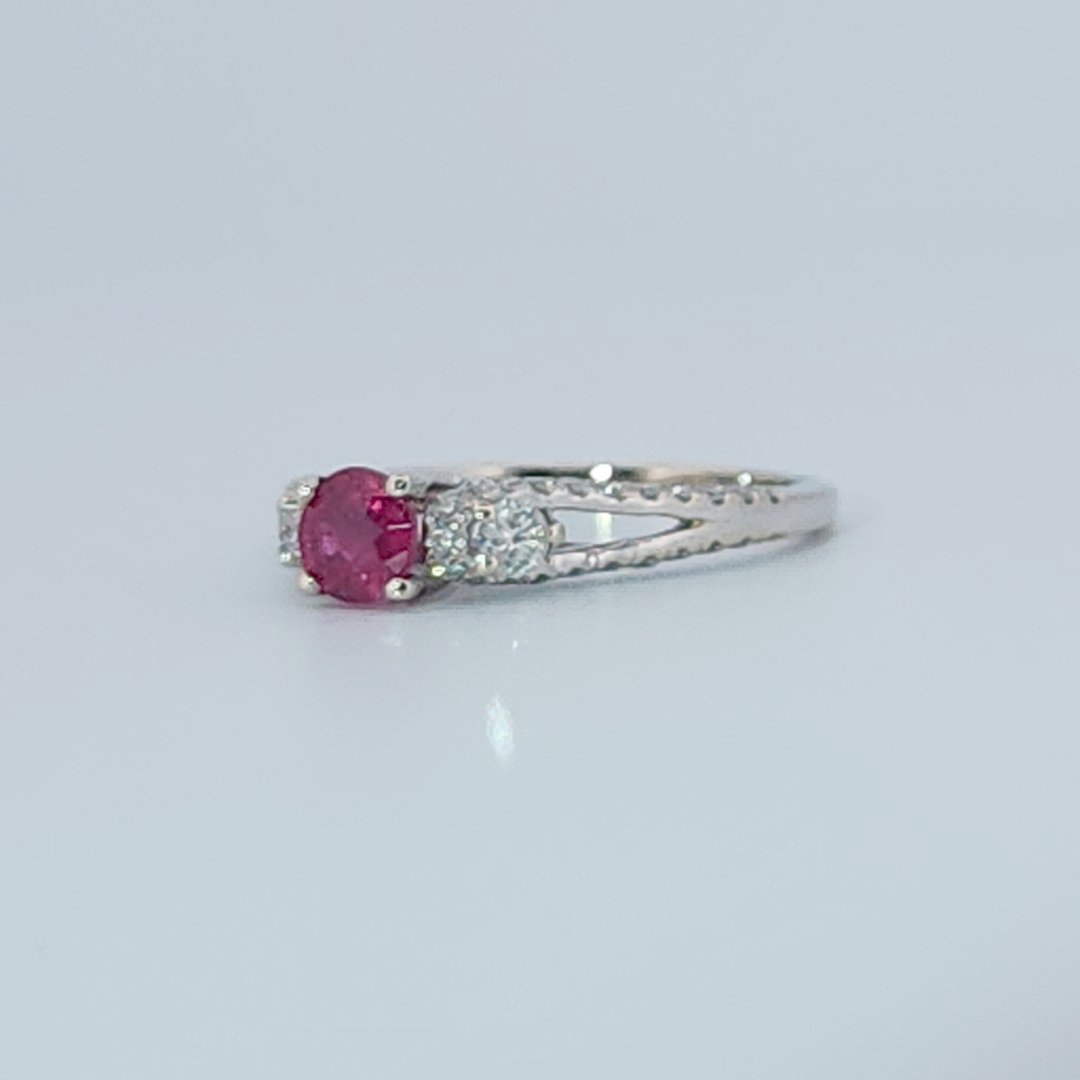 Brilliant Diamond Cut, Round Shape, Madagascar Ruby(0.35CT, 5mm), Mounted at 14K White Gold Ring with Natural Diamonds (0.50 CTW). Size 7.25
