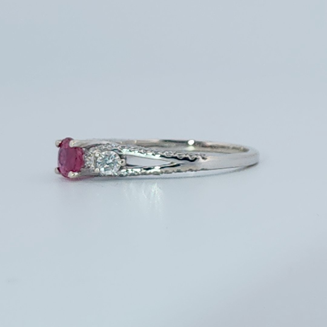 Brilliant Diamond Cut, Round Shape, Madagascar Ruby(0.35CT, 5mm), Mounted at 14K White Gold Ring with Natural Diamonds (0.50 CTW). Size 7.25
