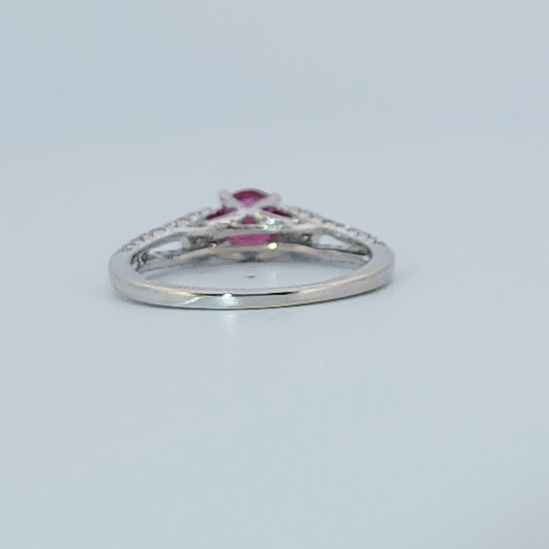 Brilliant Diamond Cut, Round Shape, Madagascar Ruby(0.35CT, 5mm), Mounted at 14K White Gold Ring with Natural Diamonds (0.50 CTW). Size 7.25