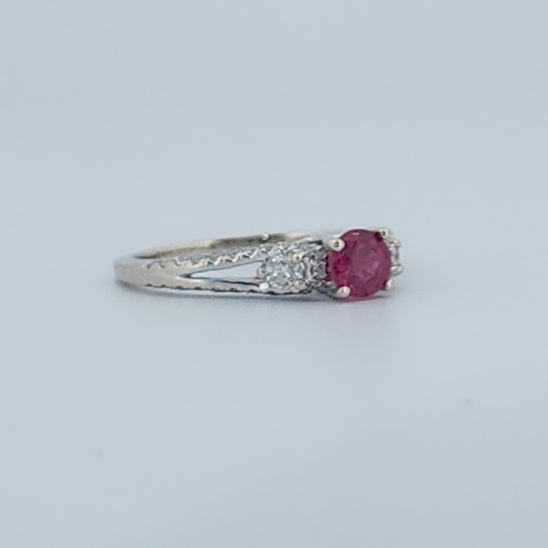 Brilliant Diamond Cut, Round Shape, Madagascar Ruby(0.35CT, 5mm), Mounted at 14K White Gold Ring with Natural Diamonds (0.50 CTW). Size 7.25