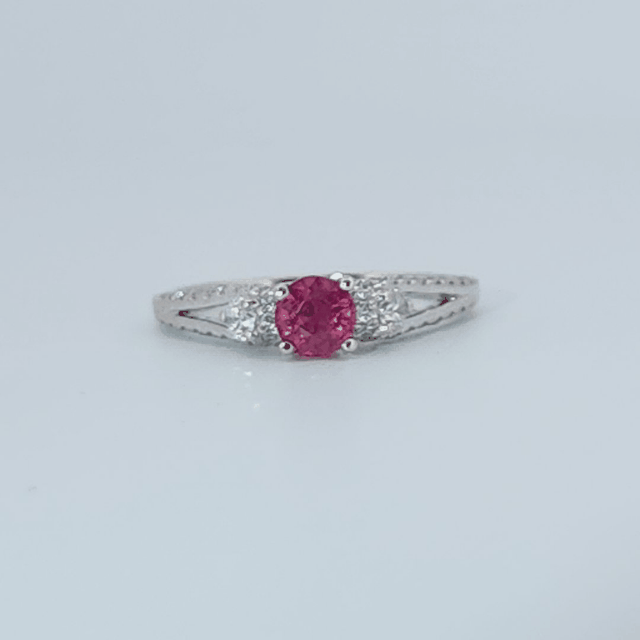 Brilliant Diamond Cut, Round Shape, Madagascar Ruby(0.35CT, 5mm), Mounted at 14K White Gold Ring with Natural Diamonds (0.50 CTW). Size 7.25
