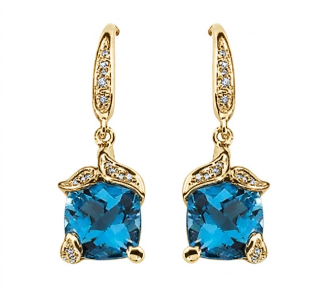 Nat Swiss Blue Topaz(7x5mm Cus)&Nat Dia(0.06CTW H1/I1), 14K Yellow Gold