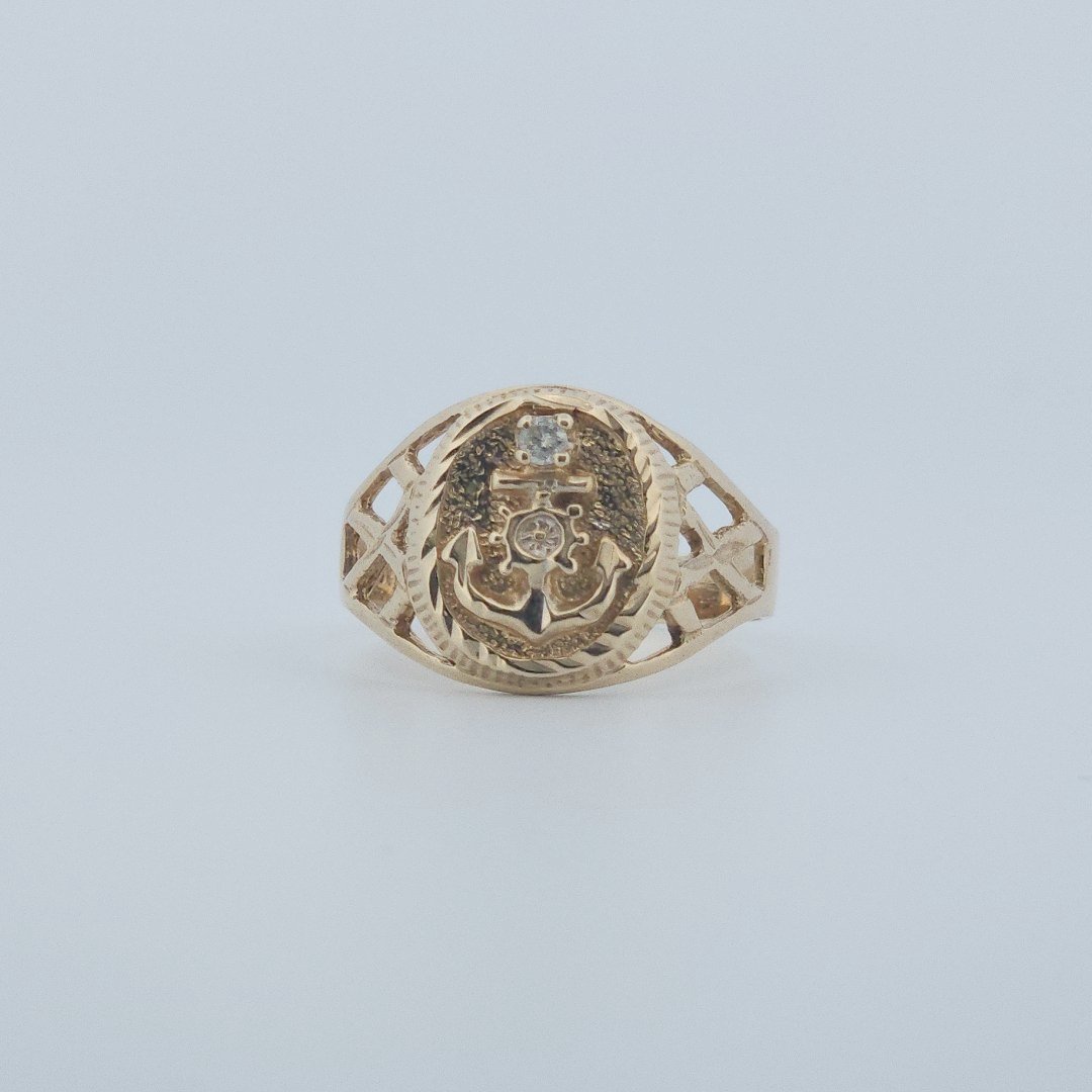 Men Anchor Ring with Natural Diamond, 10K Yellow Gold, 4.5 G