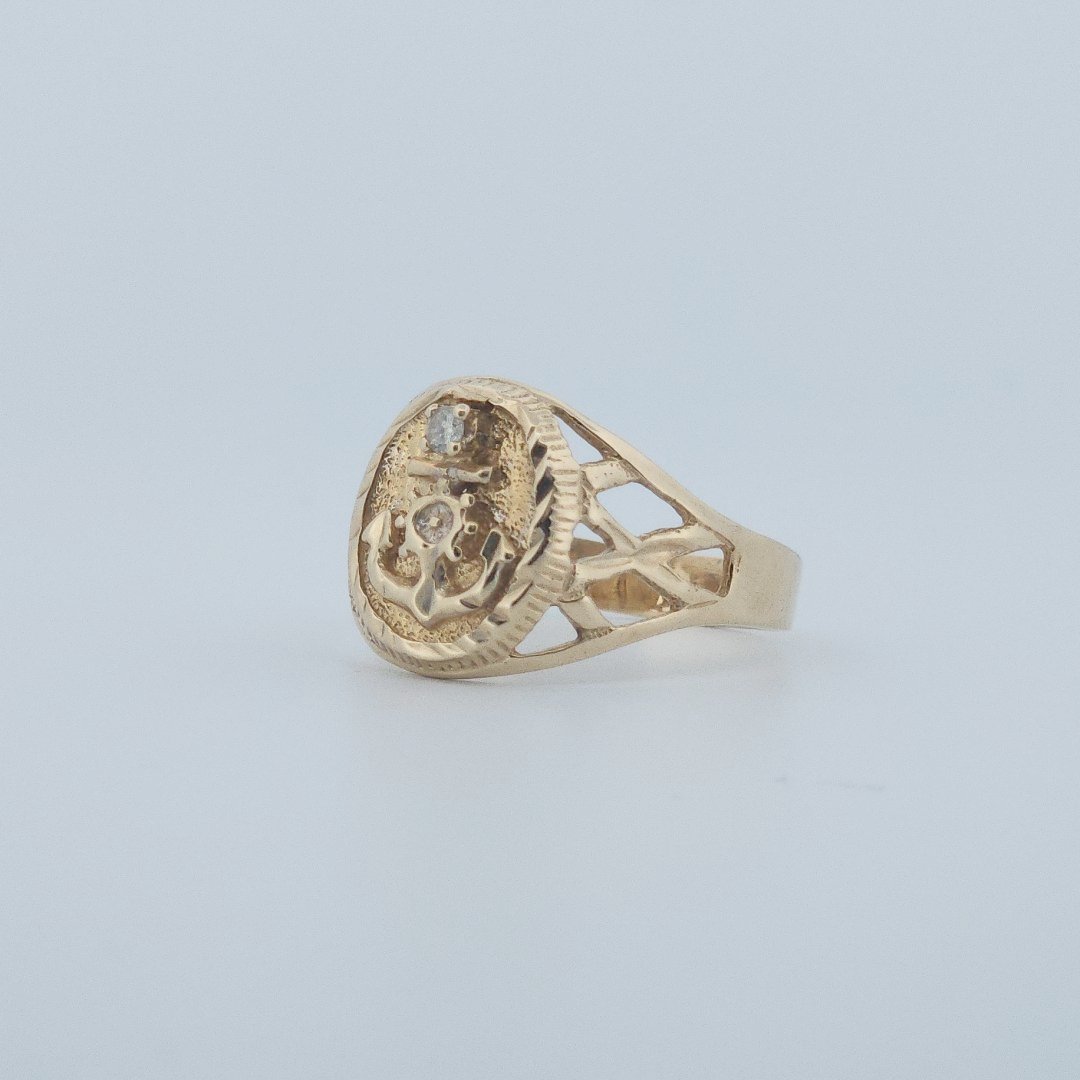 Men Anchor Ring with Natural Diamond, 10K Yellow Gold, 4.5 G