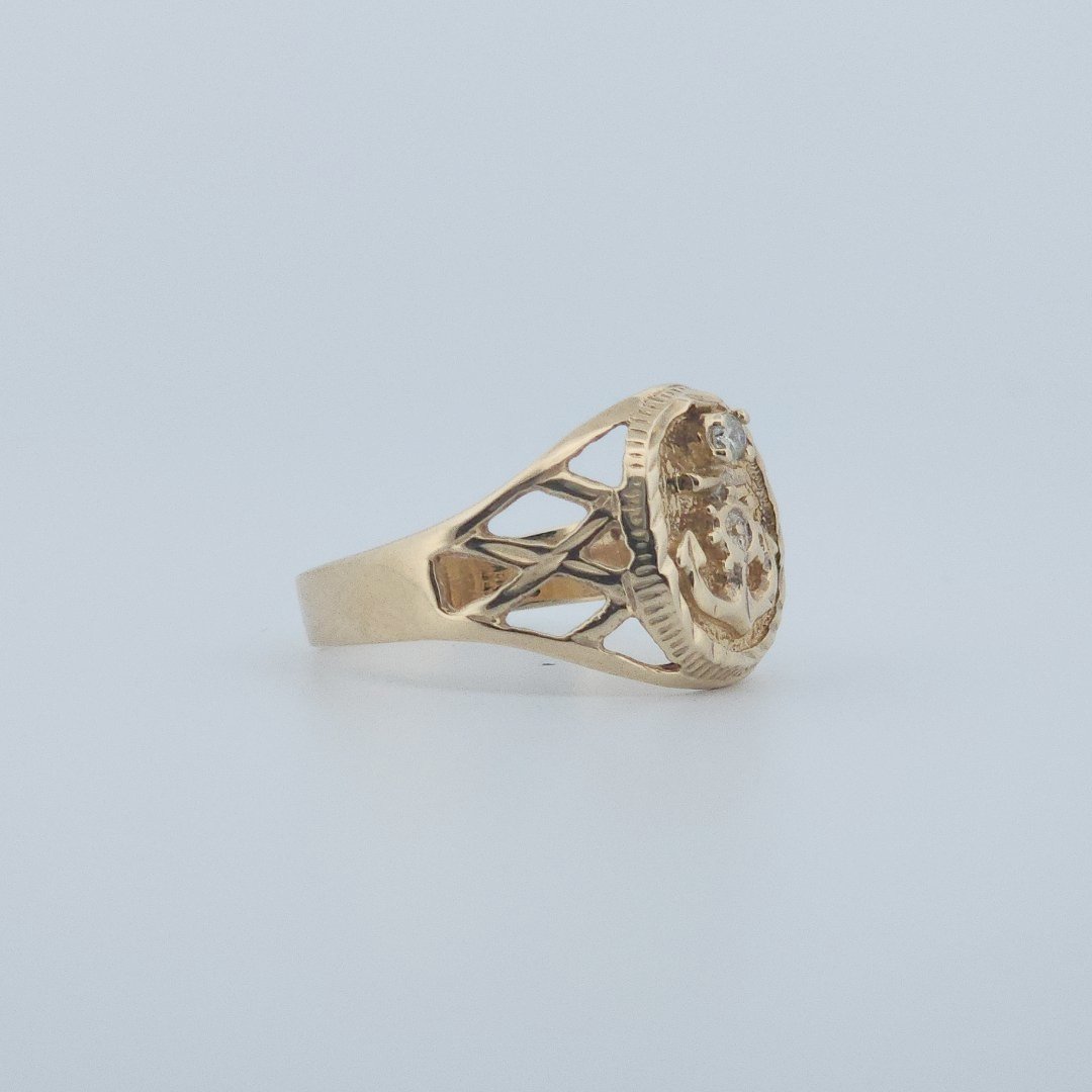 Men Anchor Ring with Natural Diamond, 10K Yellow Gold, 4.5 G