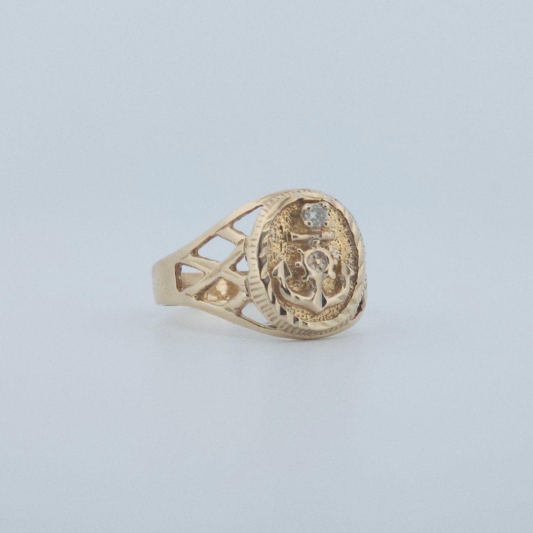 Men Anchor Ring with Natural Diamond, 10K Yellow Gold, 4.5 G