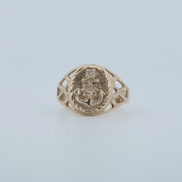 Men Anchor Ring with Natural Diamond, 10K Yellow Gold, 4.5 G