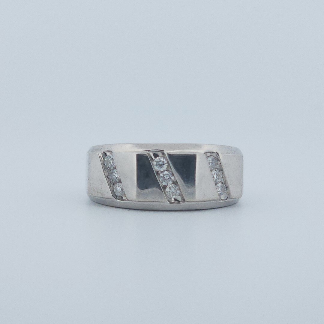 Polished Finish three row 9 Diamonds (0.05 CTW) Men Ring. 14K White Gold (7 GW), Size 10