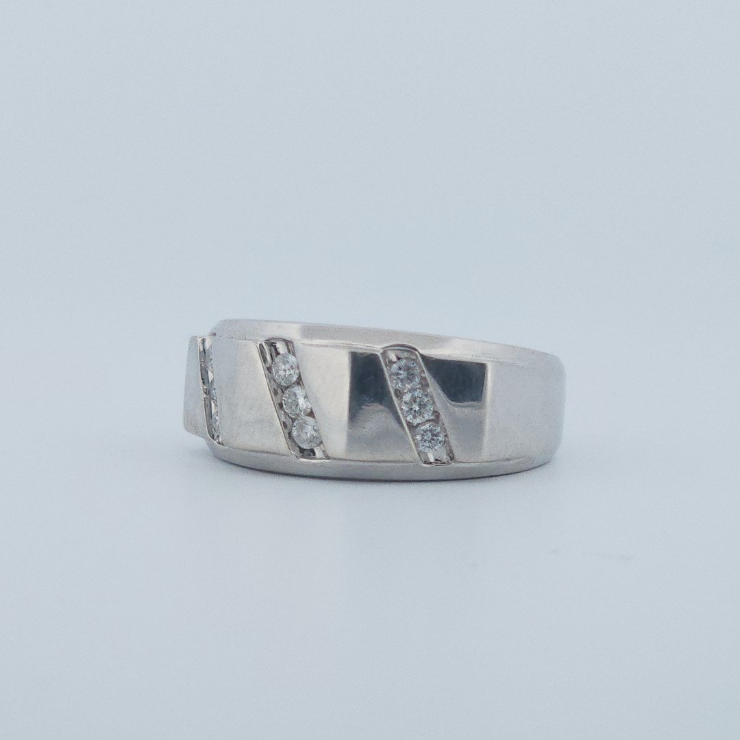 Polished Finish three row 9 Diamonds (0.05 CTW) Men Ring. 14K White Gold (7 GW), Size 10