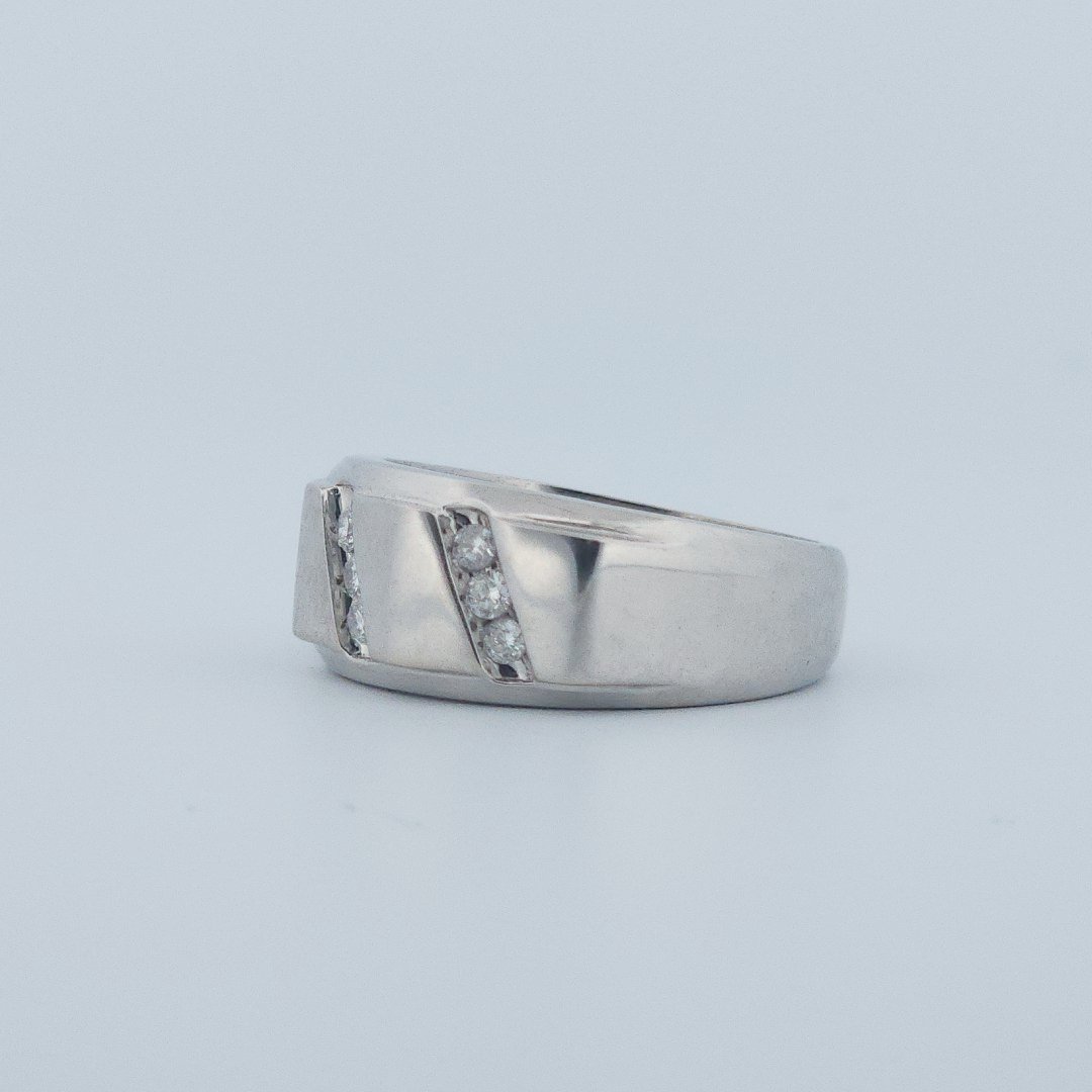 Polished Finish three row 9 Diamonds (0.05 CTW) Men Ring. 14K White Gold (7 GW), Size 10