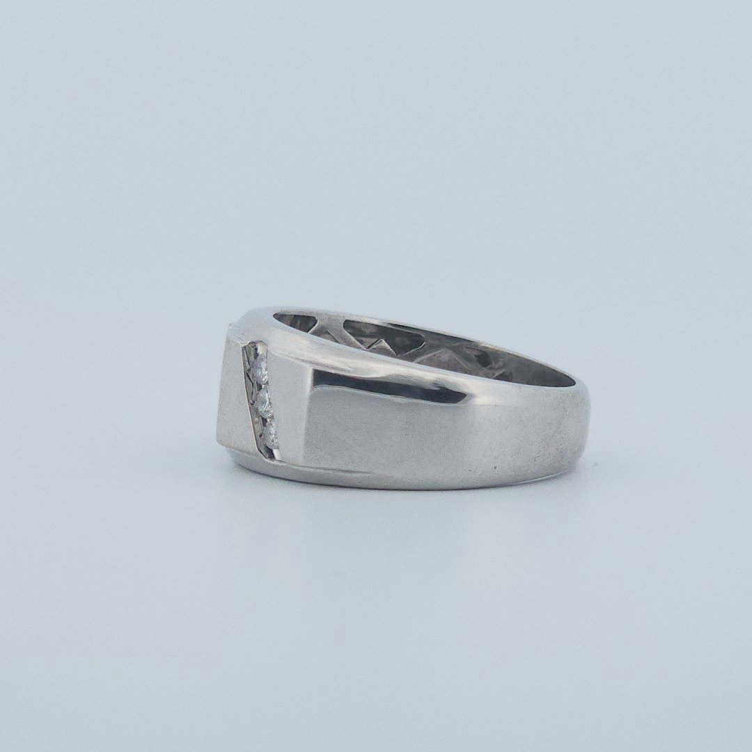 Polished Finish three row 9 Diamonds (0.05 CTW) Men Ring. 14K White Gold (7 GW), Size 10