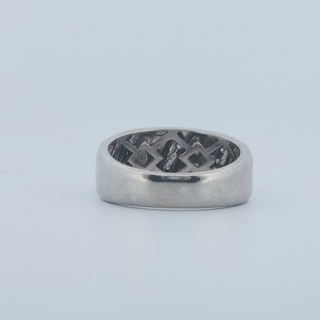 Polished Finish three row 9 Diamonds (0.05 CTW) Men Ring. 14K White Gold (7 GW), Size 10