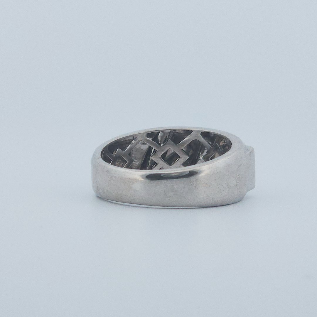 Polished Finish three row 9 Diamonds (0.05 CTW) Men Ring. 14K White Gold (7 GW), Size 10