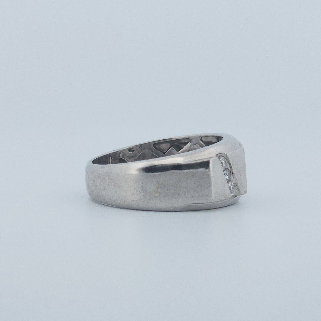Polished Finish three row 9 Diamonds (0.05 CTW) Men Ring. 14K White Gold (7 GW), Size 10