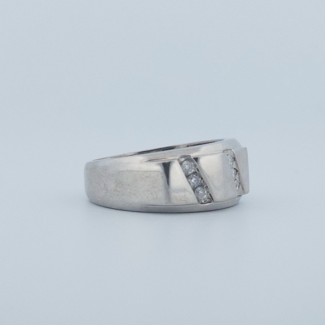 Polished Finish three row 9 Diamonds (0.05 CTW) Men Ring. 14K White Gold (7 GW), Size 10