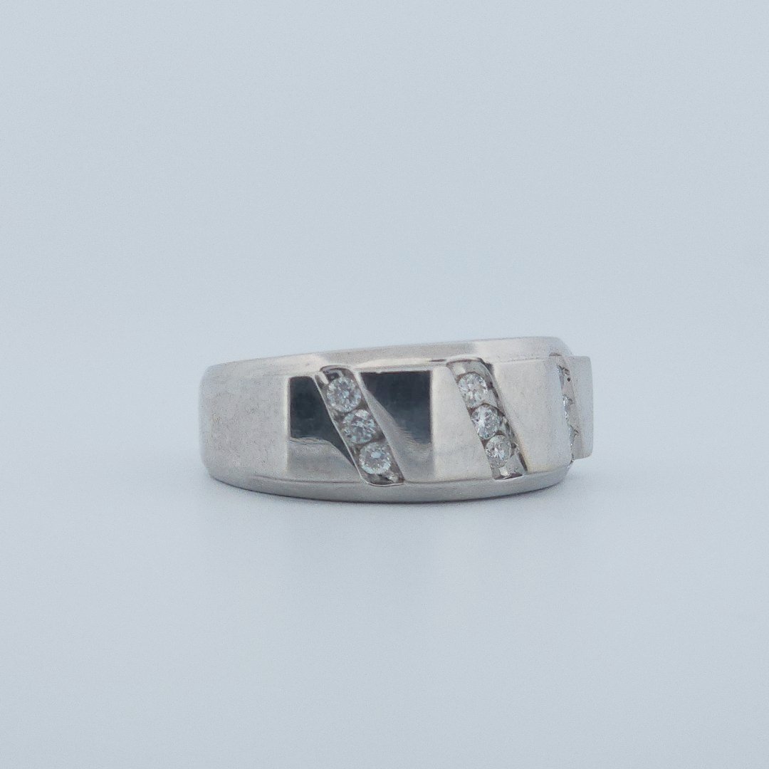 Polished Finish three row 9 Diamonds (0.05 CTW) Men Ring. 14K White Gold (7 GW), Size 10