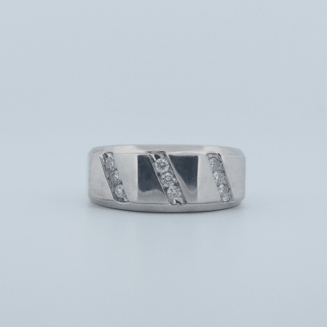 Polished Finish three row 9 Diamonds (0.05 CTW) Men Ring. 14K White Gold (7 GW), Size 10