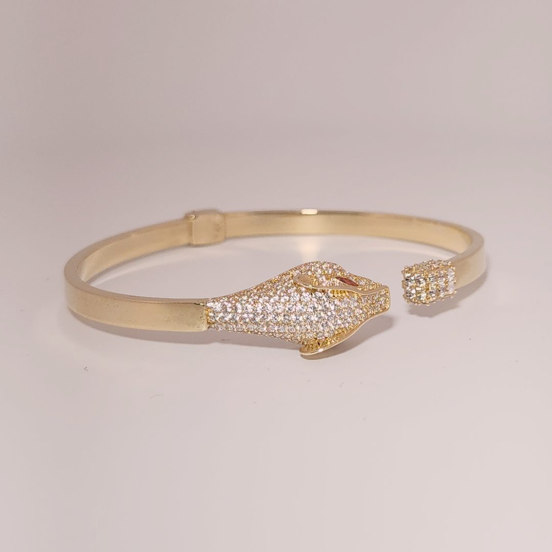 Serpent Style Bracelet with Solid Gold and Cubic Zirconia Stones, 14K Yellow Gold