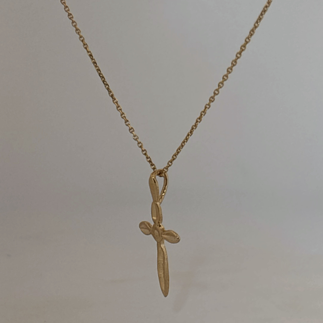 14K Yellow Gold Necklace, unisex, chain with a small cross pendant.