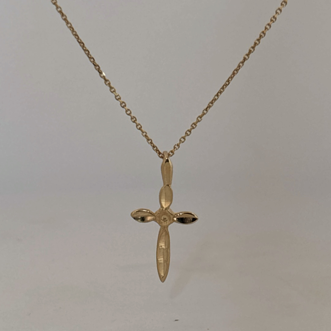 14K Yellow Gold Necklace, unisex, chain with a small cross pendant.