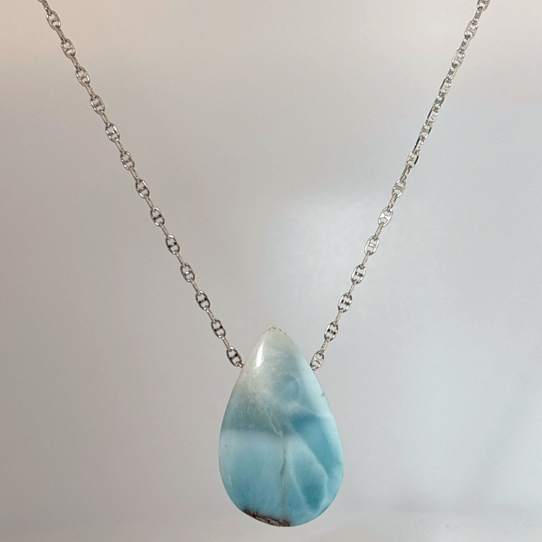 Sterling Silver 925 Necklace with 1 Pear-shaped Larimar stone, female style.
