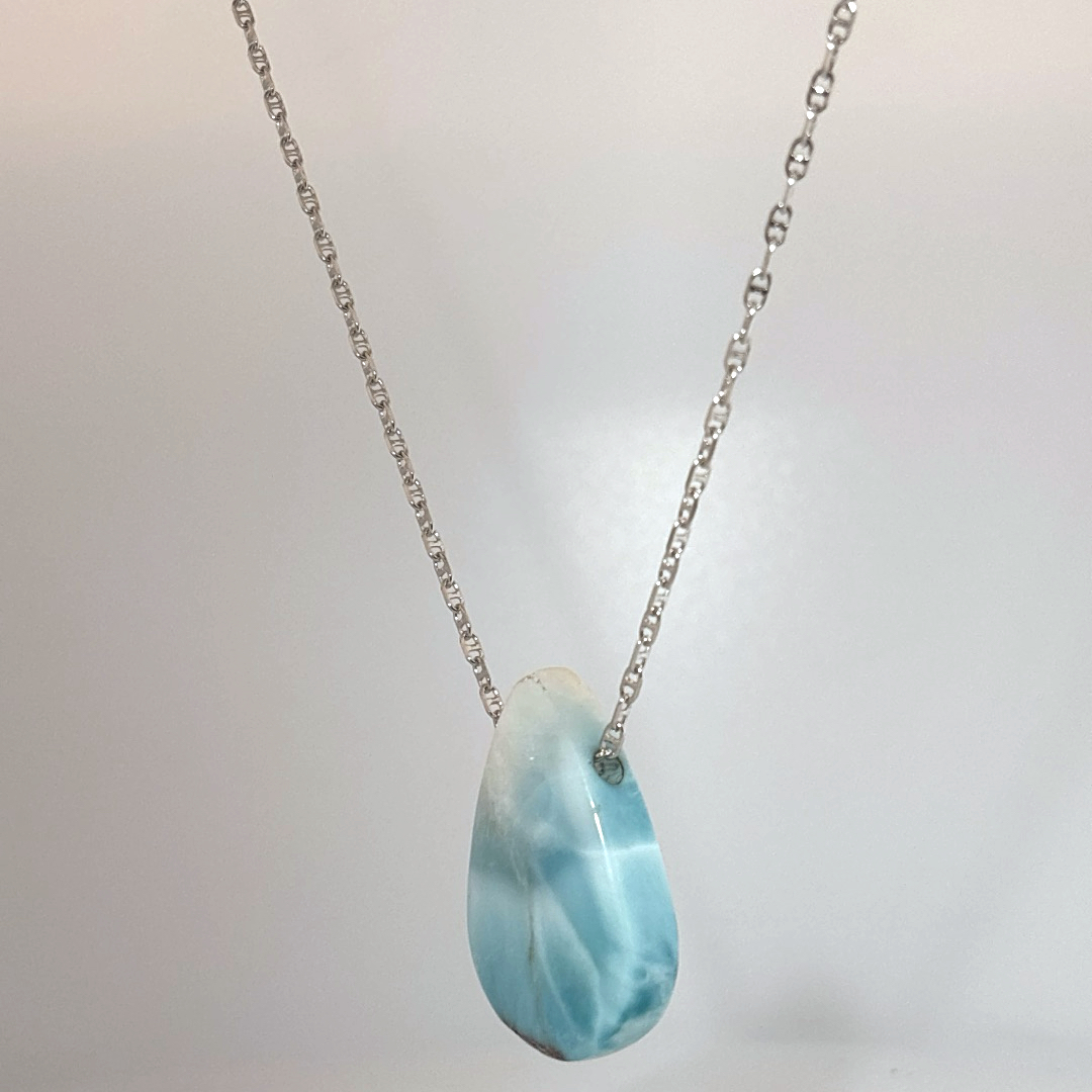 Sterling Silver 925 Necklace with 1 Pear-shaped Larimar stone, female style.