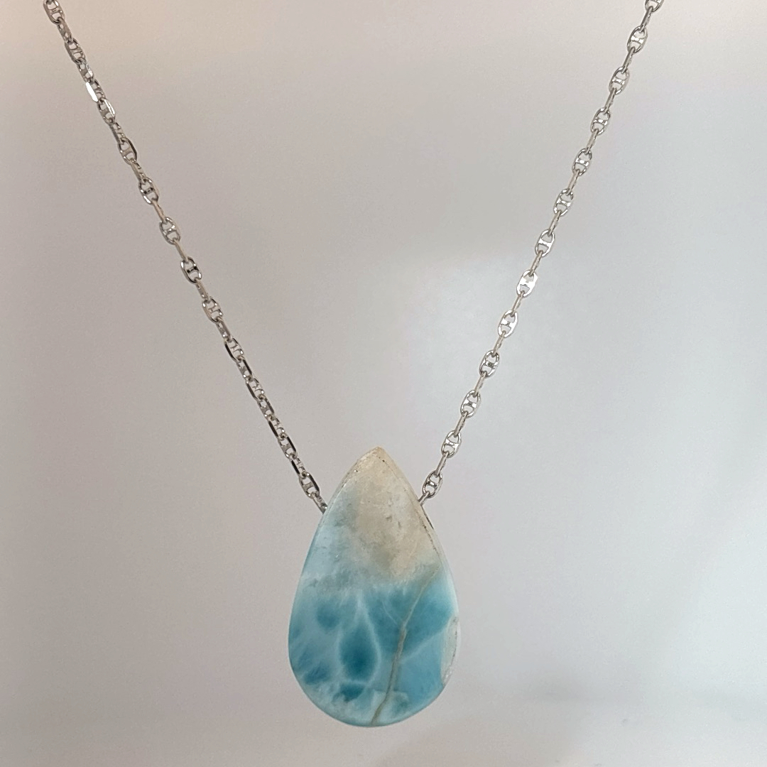 Sterling Silver 925 Necklace with 1 Pear-shaped Larimar stone, female style.