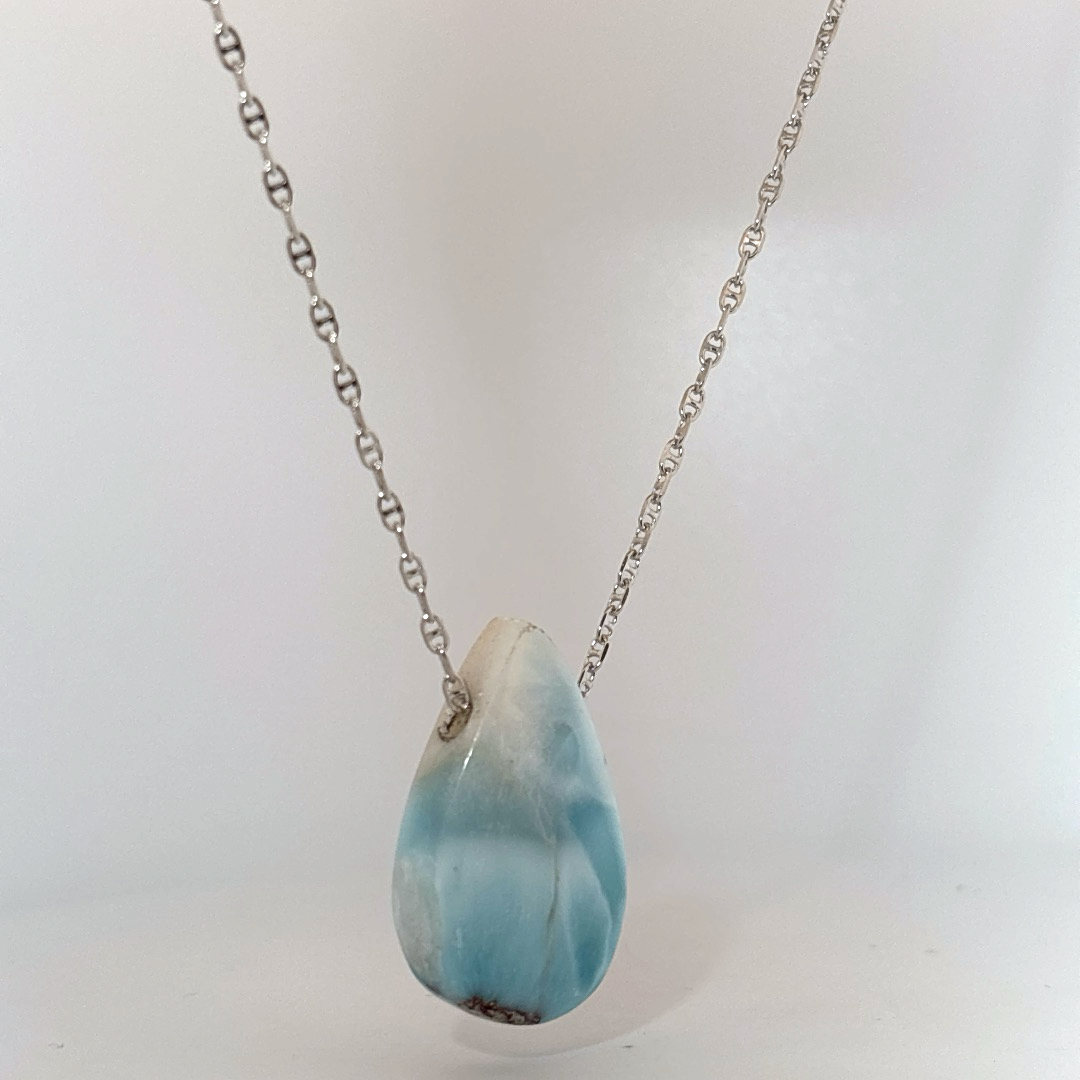Sterling Silver 925 Necklace with 1 Pear-shaped Larimar stone, female style.