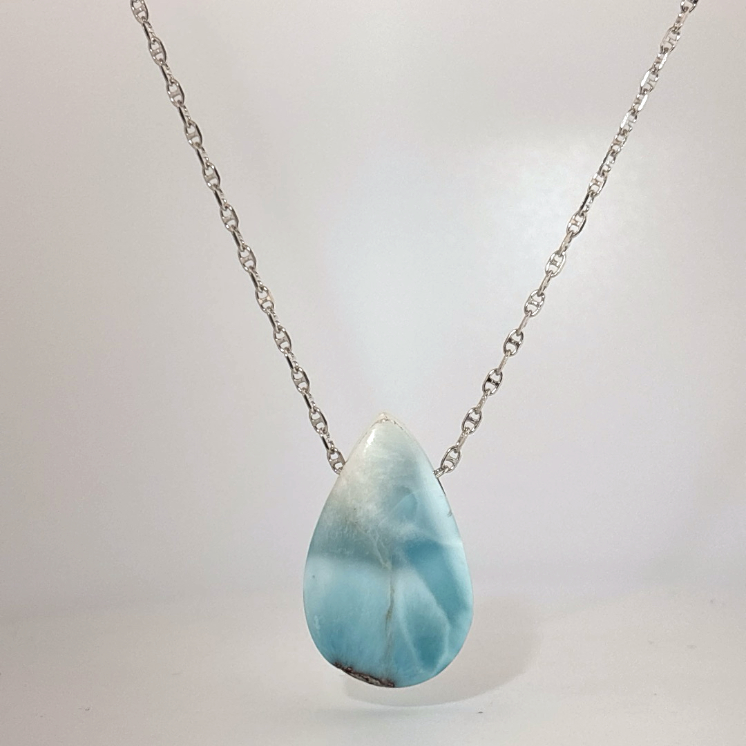 Sterling Silver 925 Necklace with 1 Pear-shaped Larimar stone, female style.