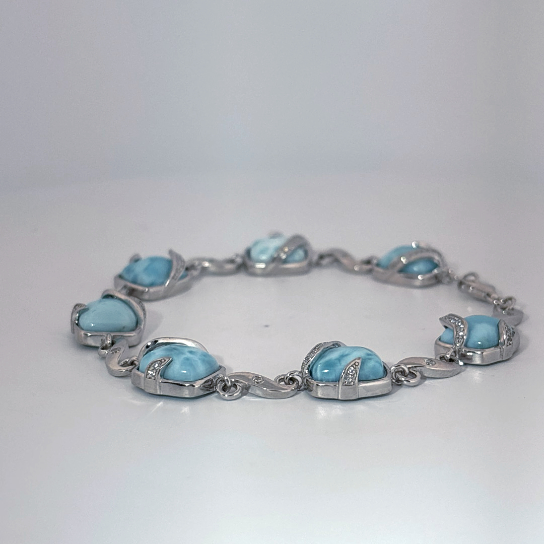 Sterling Silver 925 Bracelet with 6 Larimar Cabochon Stones, Female Design.