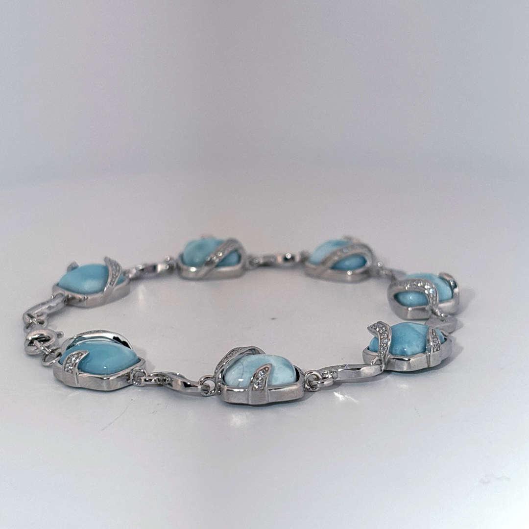 Sterling Silver 925 Bracelet with 6 Larimar Cabochon Stones, Female Design.