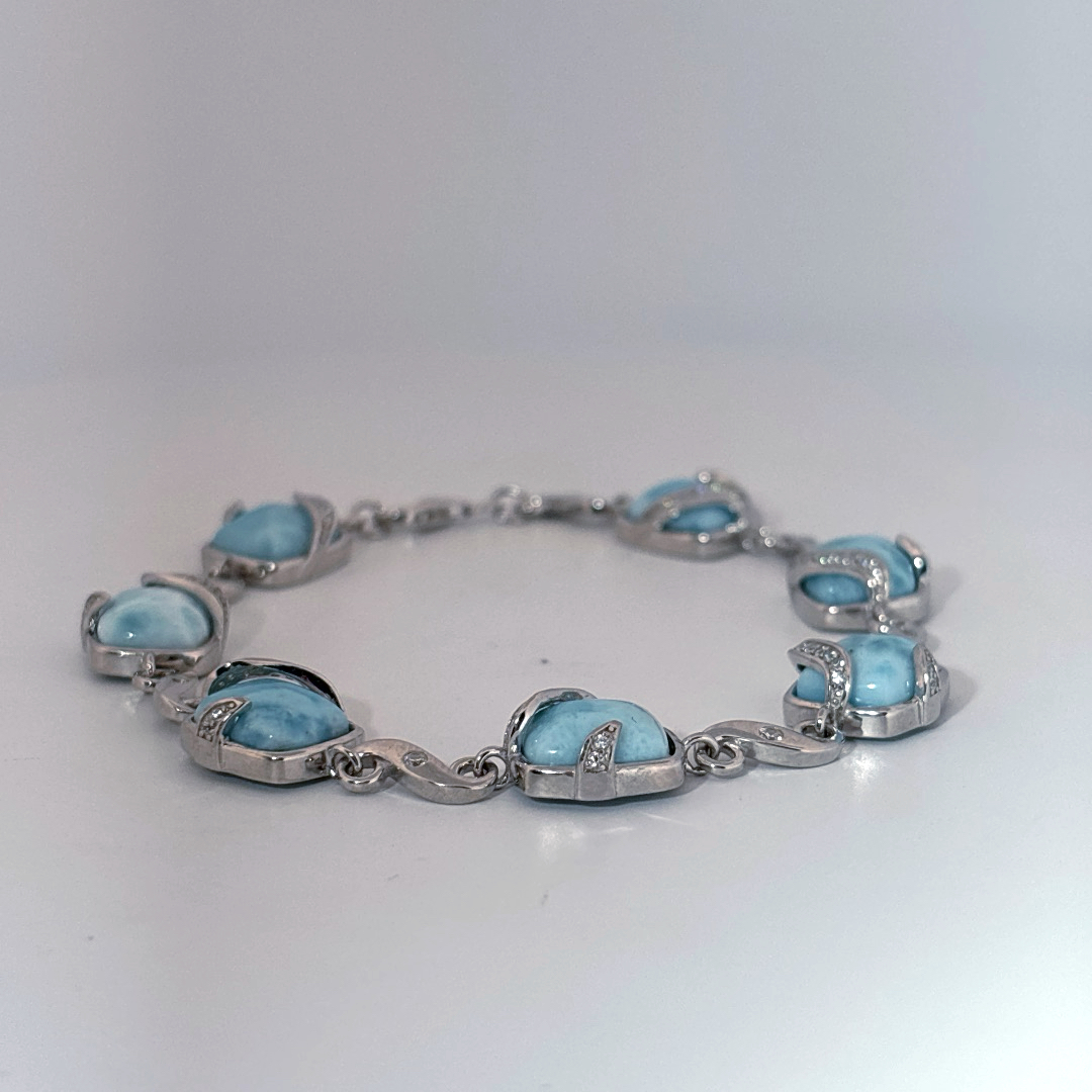 Sterling Silver 925 Bracelet with 6 Larimar Cabochon Stones, Female Design.