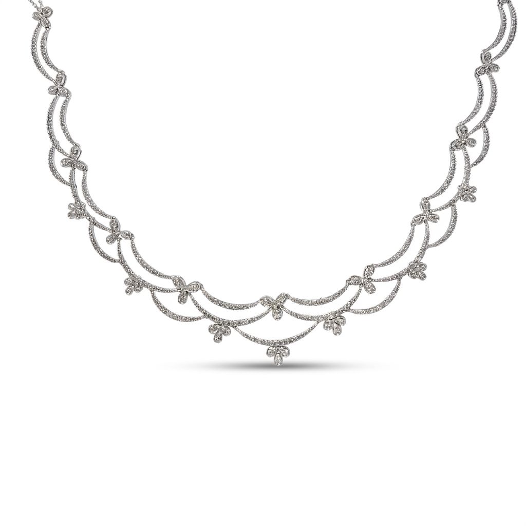 Women's Floral Motif Necklace, 14K White Gold with pave-set Diamonds.