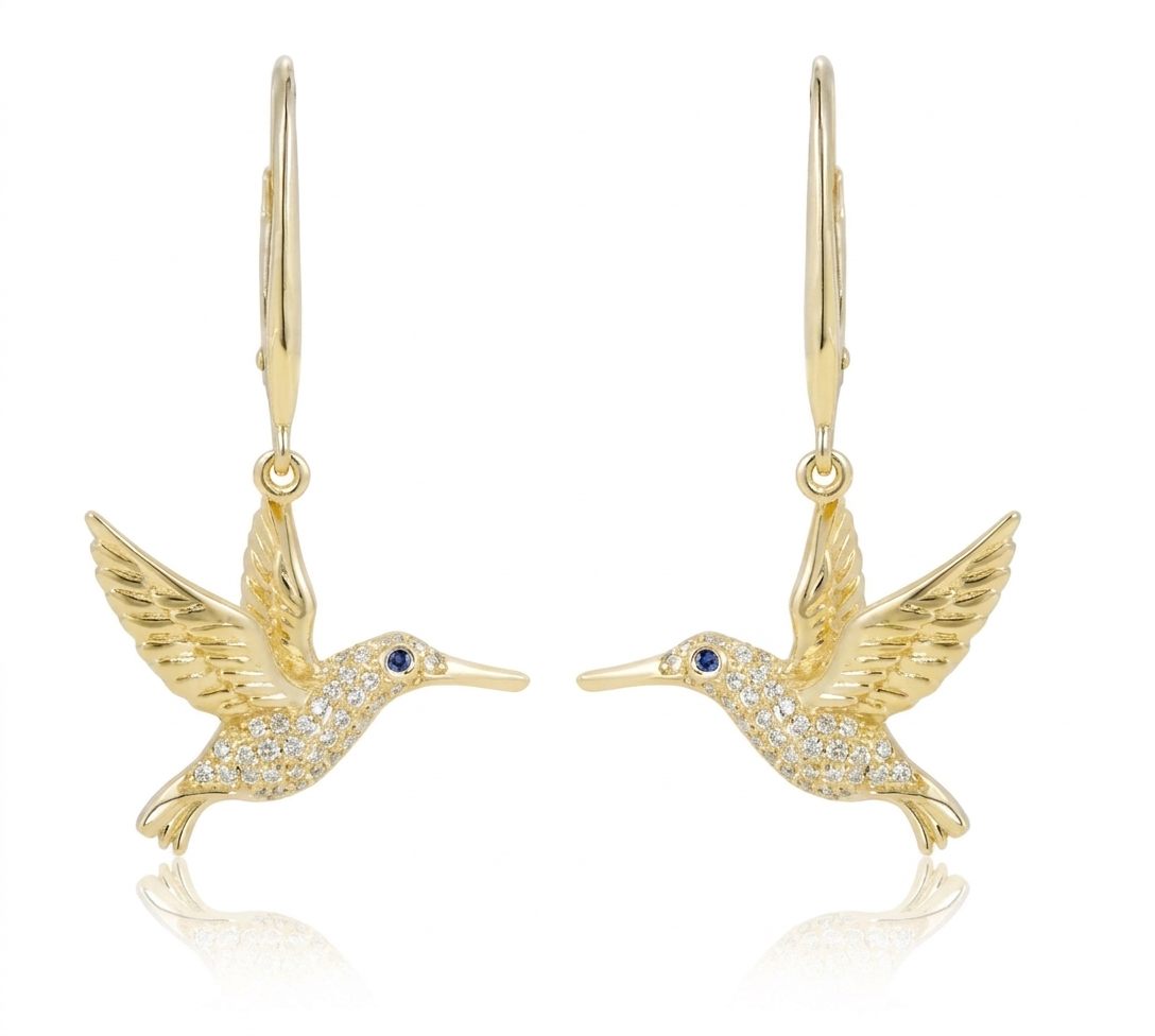 14K Yellow Gold Hummingbird Earrings set with 68 Diamonds (0.24ct total) and 2 Blue Sapphires (0.015ct), lever-back style.