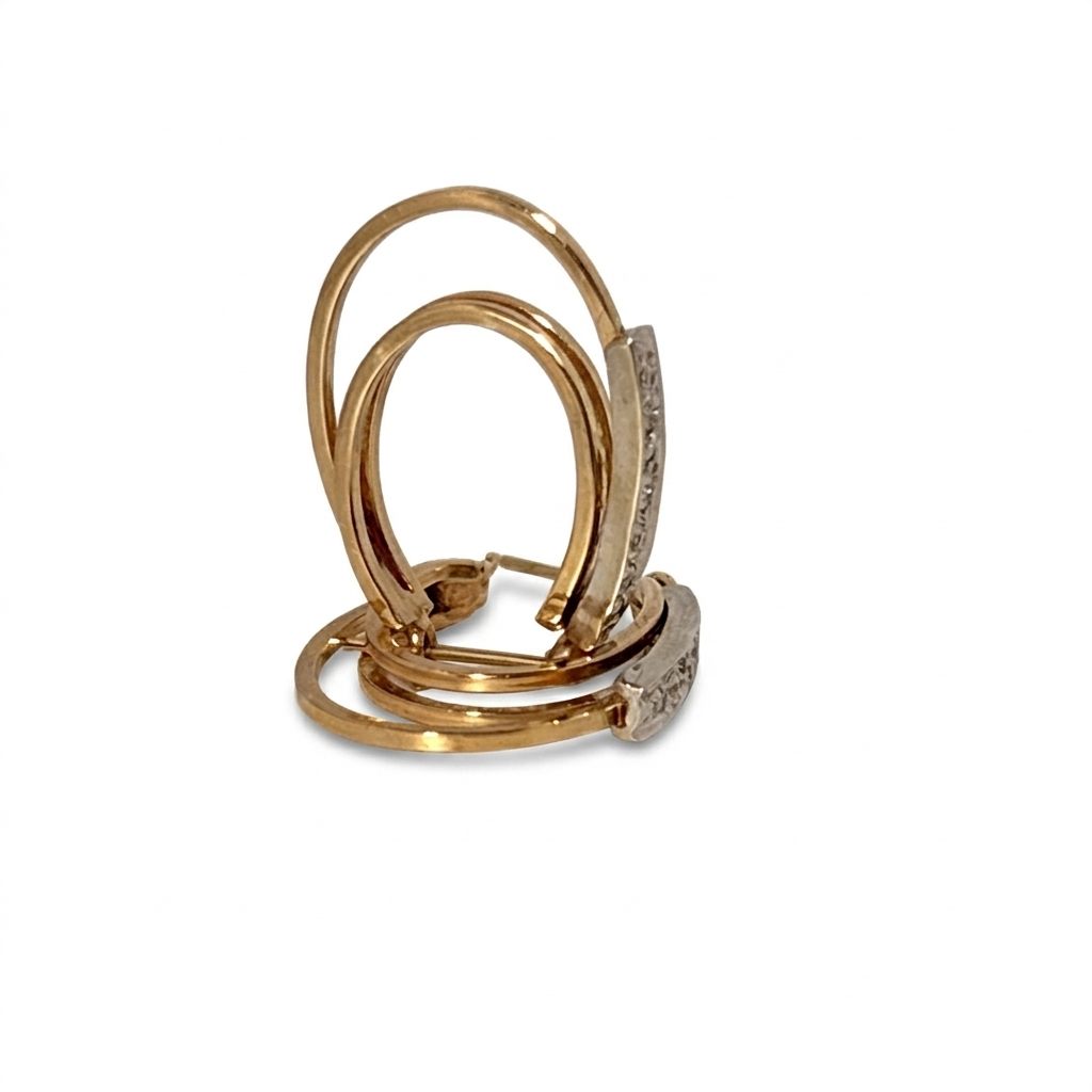 Female Bar Hoop Earrings, 14K Yellow and White Gold, channel-set natural Diamonds.