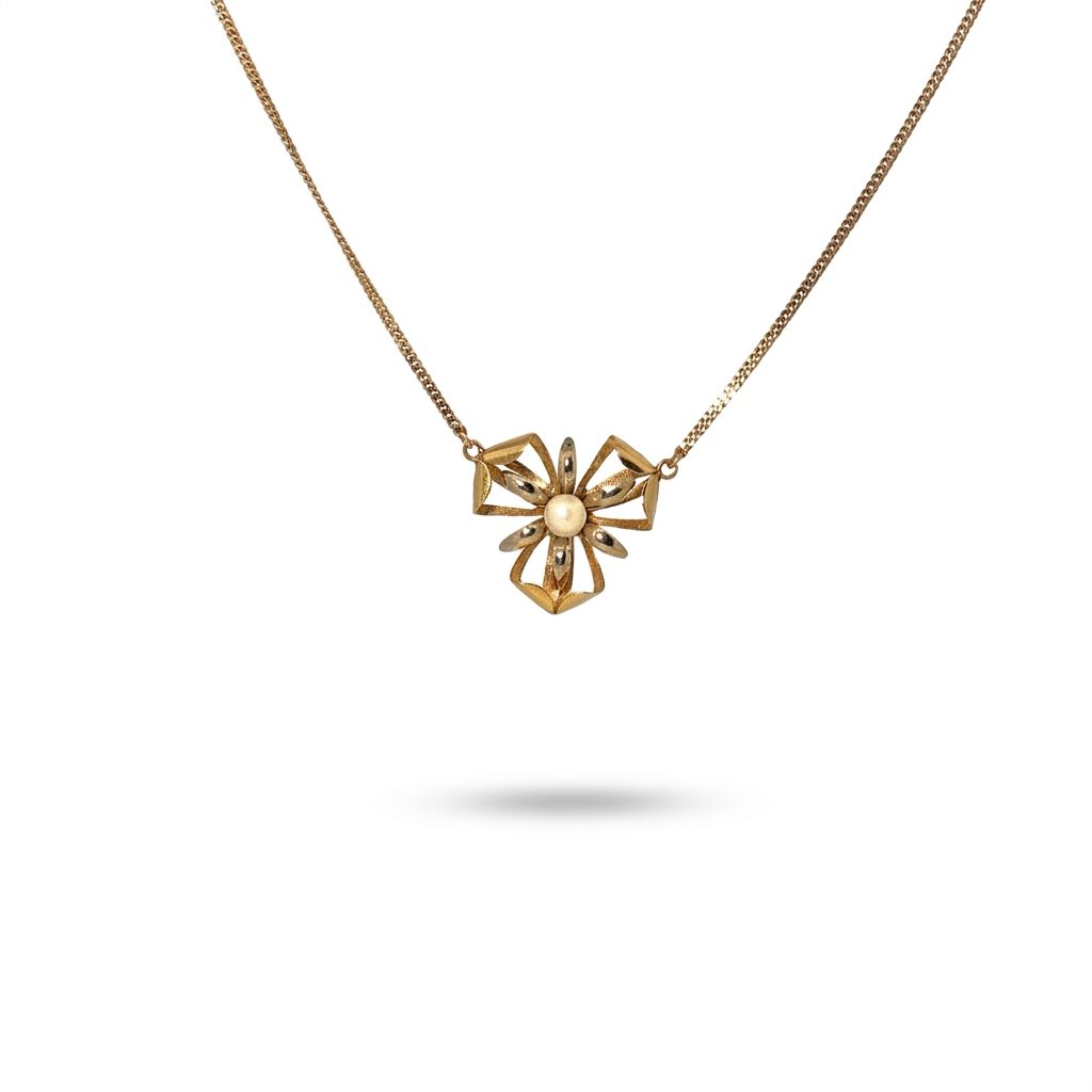 Female Floral Motif Necklace, 14K Yellow Gold, single white Pearl centerpiece.