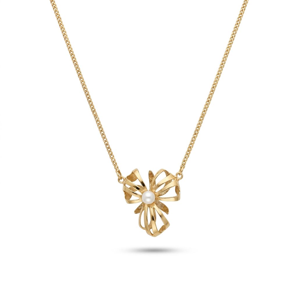 Female Floral Motif Necklace, 14K Yellow Gold, single white Pearl centerpiece.