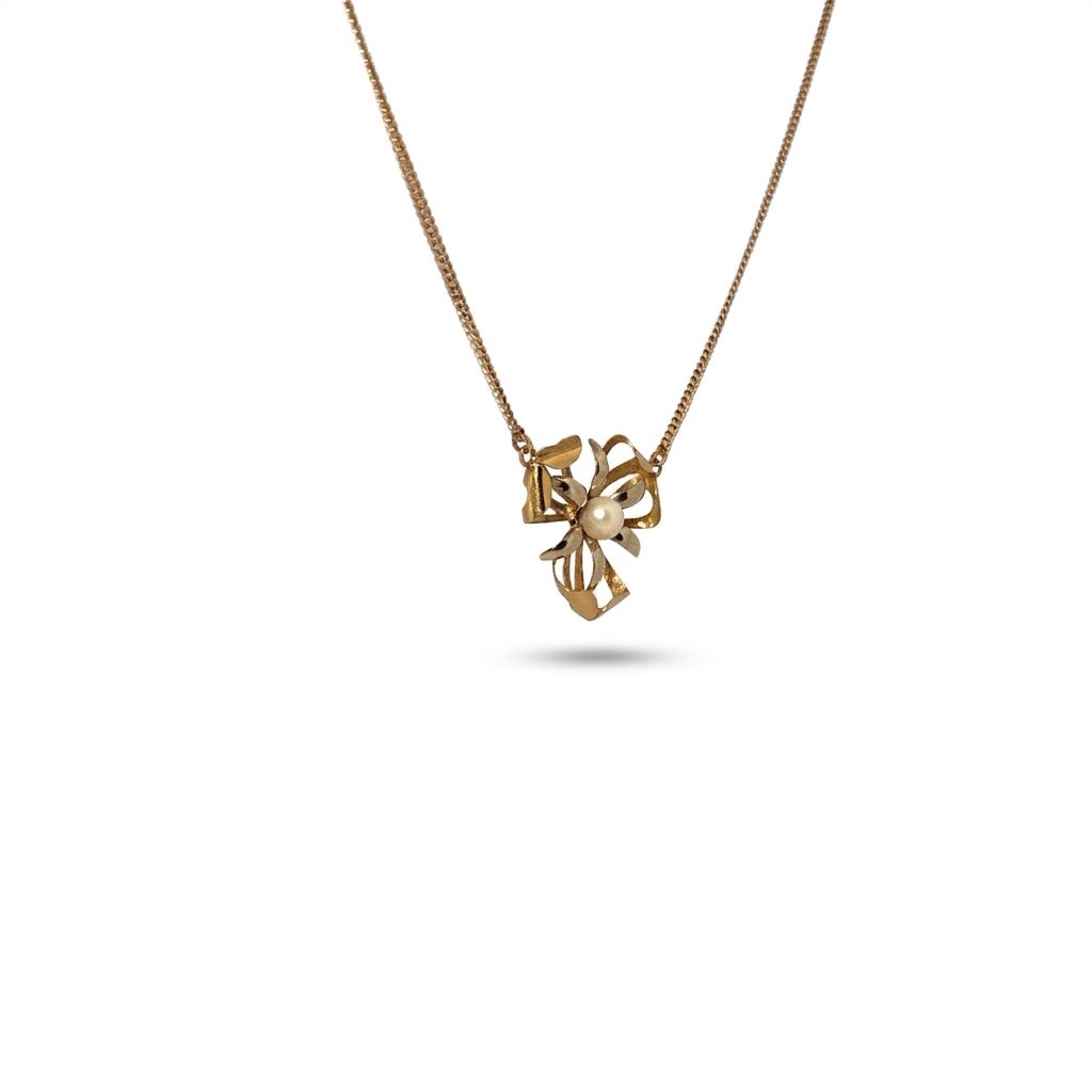 Female Floral Motif Necklace, 14K Yellow Gold, single white Pearl centerpiece.