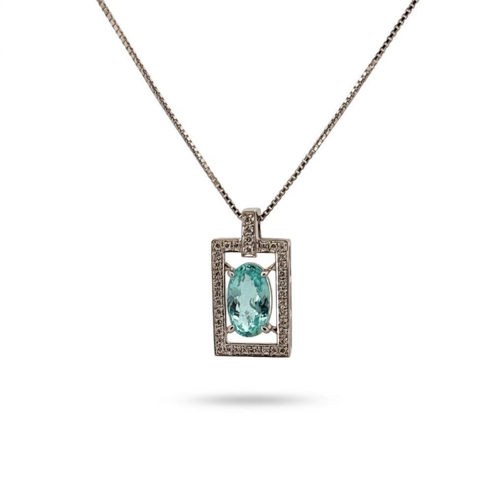 Platinum 950 Necklace, set with 1 Oval Paraiba Tourmaline (1.99ct) and pavé F Colorless Diamonds.
