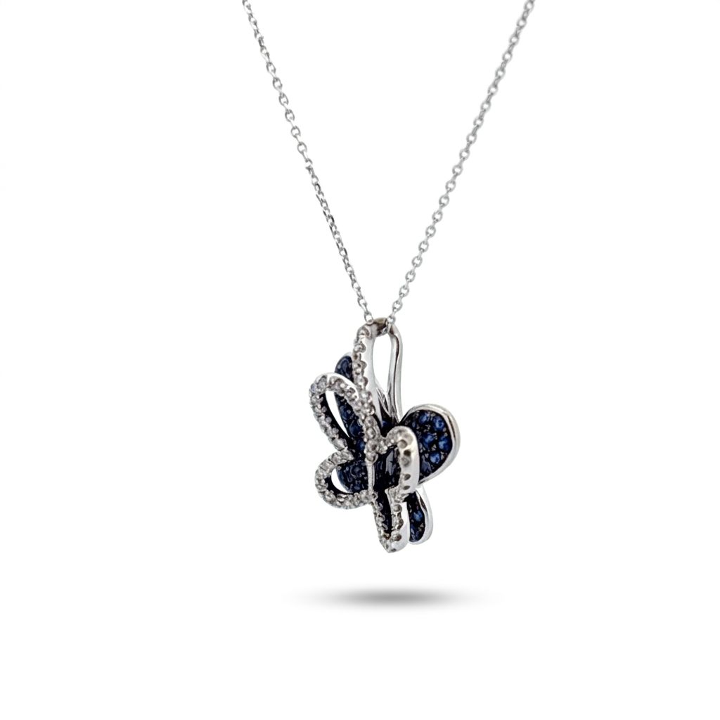 14K White Gold Necklace, butterfly pendant set with white diamonds and blue sapphires.