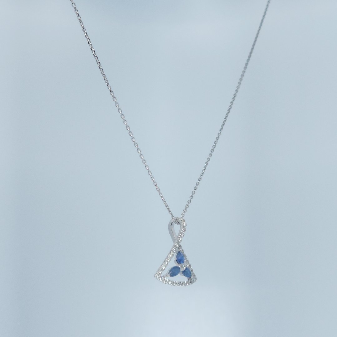 Triangular Pendent Chain, Natural Diamonds(1/5 CTW), Natural Sapphire (1/3 CTW)